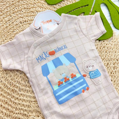 Kit 3 Peças - Bodys Manga Curta Ursos Maçãs Orgânicas - Azul Bebê, Off White e Areia